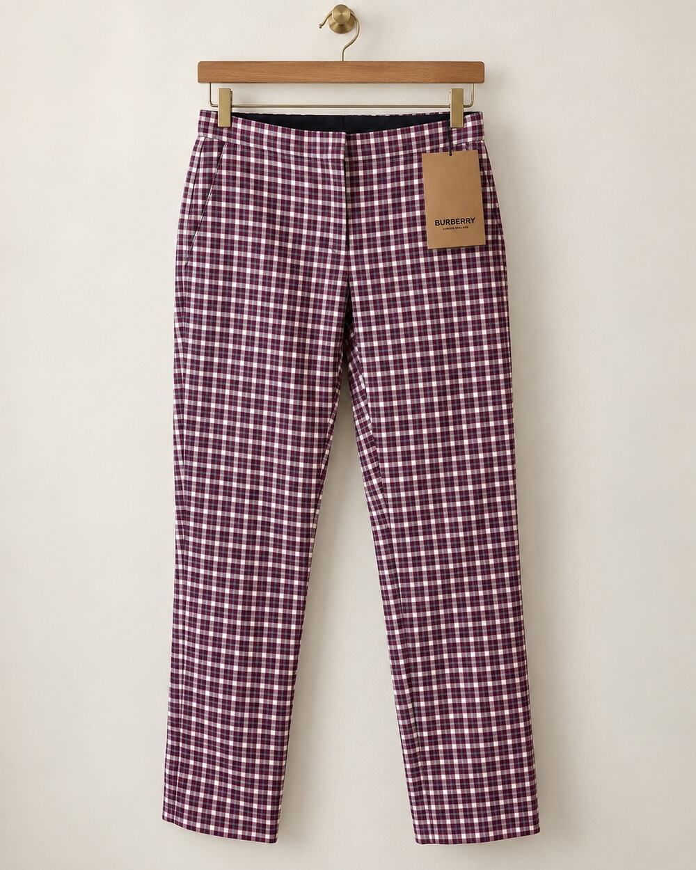 Burberry Plum Plaid Check Cotton Trousers Pants Size 4 NWT